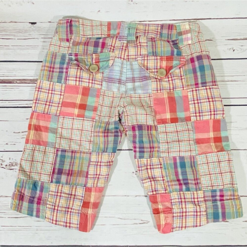 Zoo Plaid Shorts Womens Sz 0 Flat Front 11” Inseam Longer Pink Tan Rolled Cuff - Picture 2 of 10